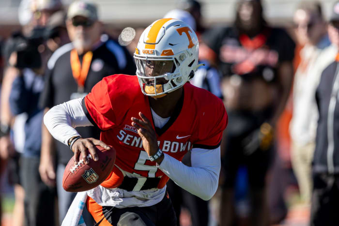 Former Tennessee Volunteers QB Joe Milton III during practices at the Reese's Senior Bowl. (Photo by Vasha Hunt of USA Today Sports)